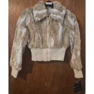 NWT Vintage Big Chill M Reversible Faux Rabbit Fur Knit Trim Zip Coat